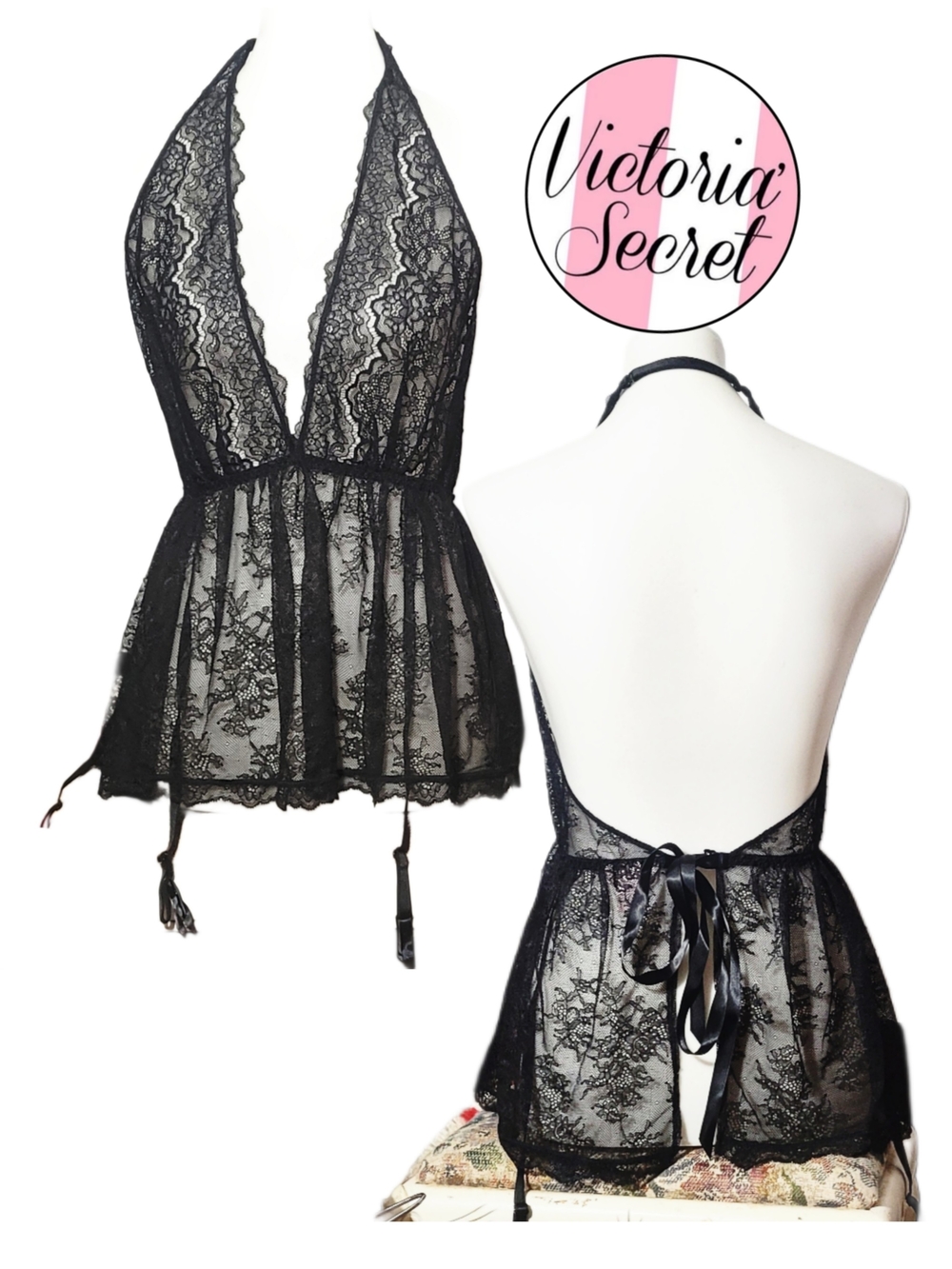 Victoria's Secret Black Lace Halter Babydoll Chemise With Garters